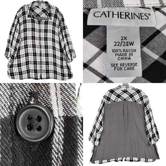 Catherines Top Button Up Womens Plus Size 2X Black White Plaid Mixed Print - Picture 1 of 9